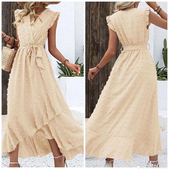 BTFBM V Neck Wrap Ruffle Sleeve Swiss Dot Bohemian Ruffle Beach Party Dress - Picture 2 of 12